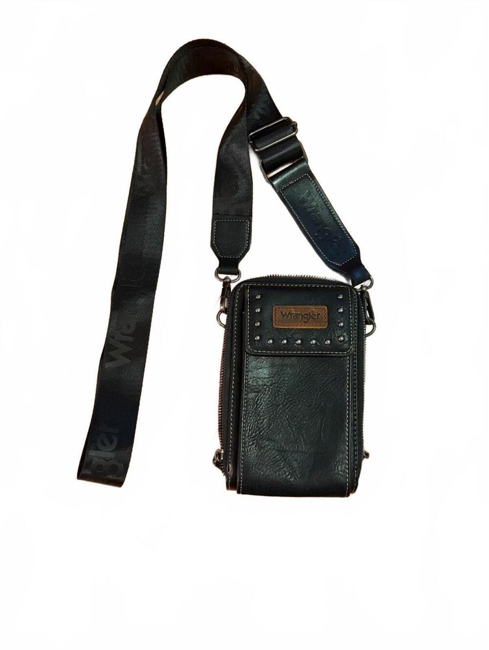 Wrangler Black Leather Crossbody Wallet Bag with Adjustable Strap